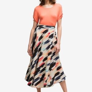 DKNY Belted Linen A-Line Midi Skirt